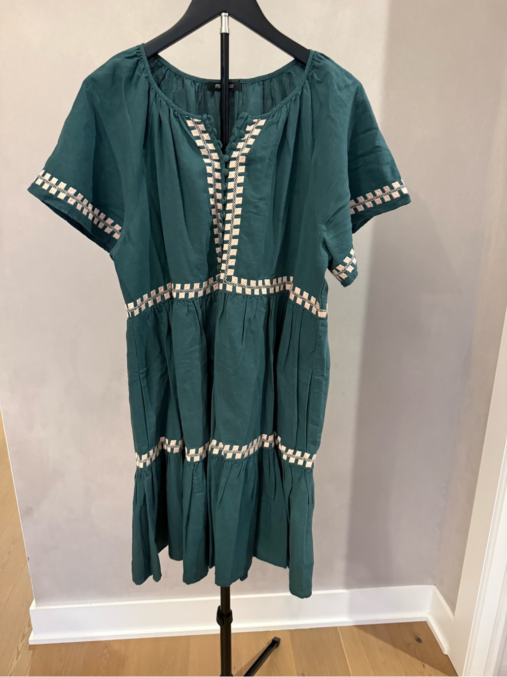 Madewell Teal Midi Dress with Cream Embroidered Trim